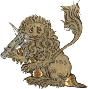 A medieval drawing of a lion with a violin
